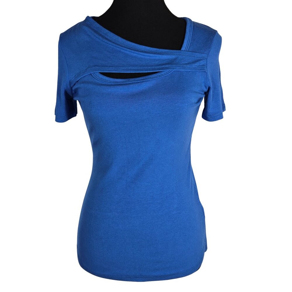 NWOT | Royal Blue Ribbed Knit Short Sleeve Top Asymmetrical Cutout | Medium